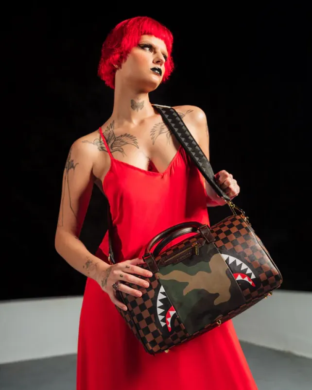 DUFFLES>SPRAYGROUND EXTERIOR GOLD ZIP POCKET SHARKS IN PARIS MINI DUFFLE