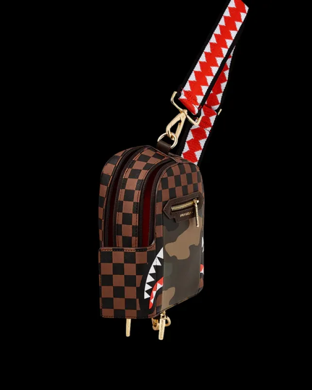 SLINGS|CROSSBODYS>SPRAYGROUND EXTERIOR GOLD ZIP POCKET SHARKS IN PARIS BACKPACK SLING