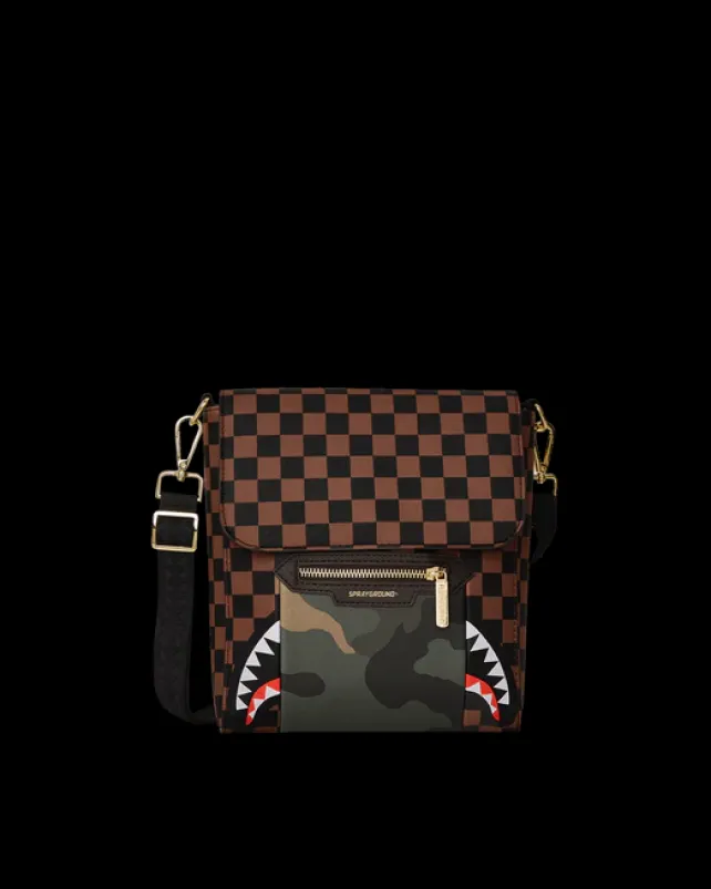 SLINGS|CROSSBODYS>SPRAYGROUND EXTERIOR GOLD ZIP POCKET SHARKS IN PARIS MESSENGER SLING BAG