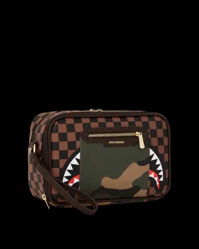 TOILETRIES AKA MONEY BAGS>SPRAYGROUND EXTERIOR GOLD ZIP POCKET SHARKS IN PARIS TOILETRY BRICKSIDE BAG