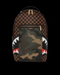 BACKPACKS>SPRAYGROUND EXTERIOR GOLD ZIP POCKET SHARKS IN PARIS BACKPACK (DLXV)