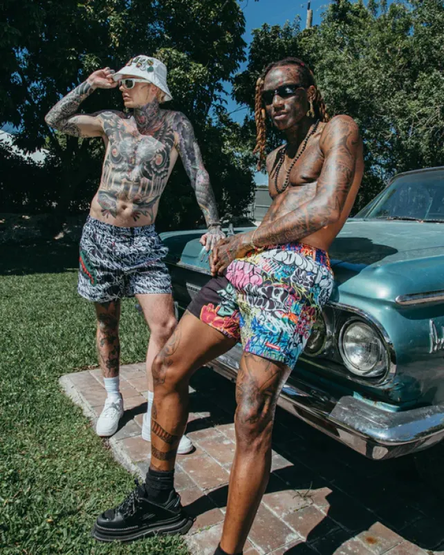SWIMWEAR>SPRAYGROUND HALF GRAFF SHOTO SWIM TRUNKS