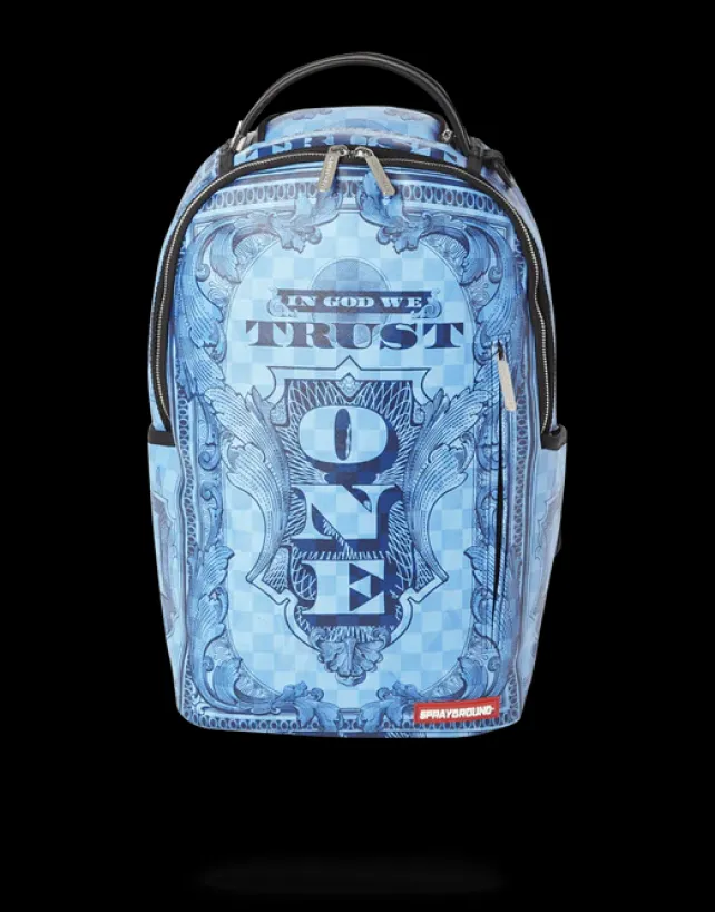 BACKPACKS>SPRAYGROUND IN GOD WE TRUST BLUE BACKPACK (ONE OF ONE)