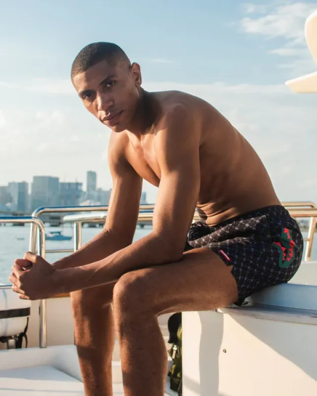 SWIMWEAR>SPRAYGROUND MIDNIGHT MONEYGRAM SHOTO SWIM TRUNKS