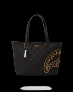 TOTES|HANDBAGS>SPRAYGROUND NOIR QUILT GOLD CHAIN SHARK TOTE