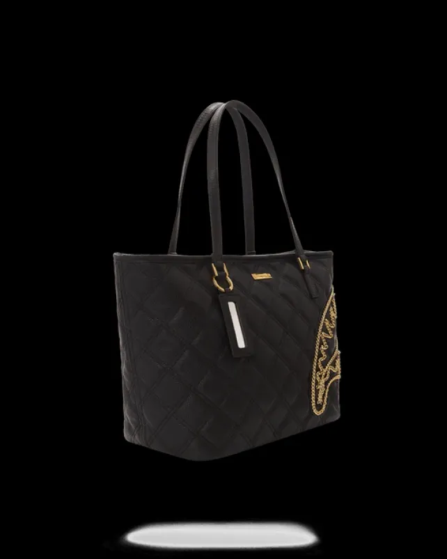 TOTES|HANDBAGS>SPRAYGROUND NOIR QUILT GOLD CHAIN SHARK TOTE