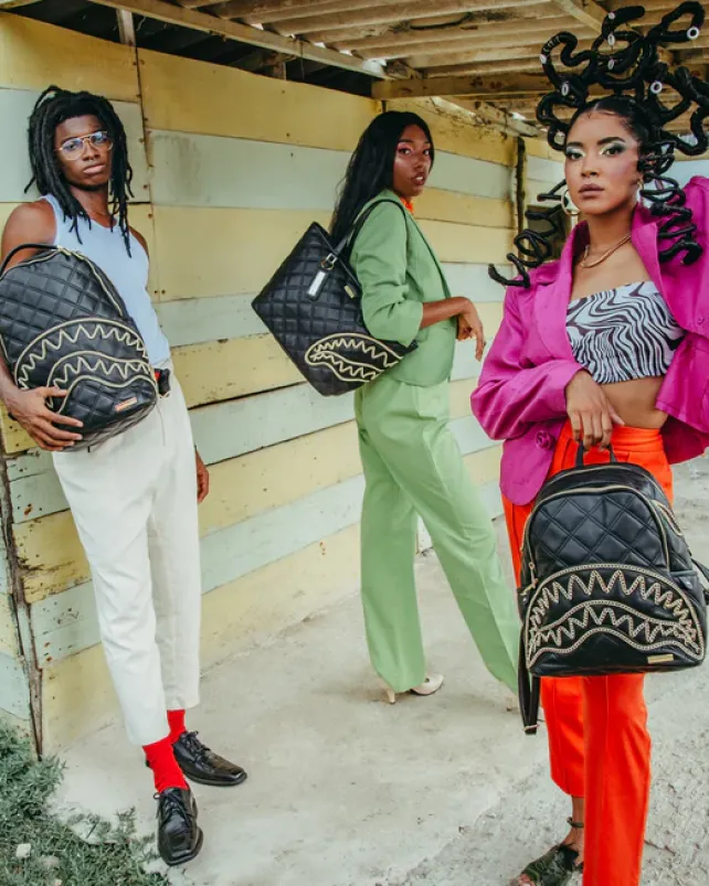 SAVAGES|BACKPACKS>SPRAYGROUND NOIR QUILT GOLD CHAIN SHARK SAVAGE BACKPACK