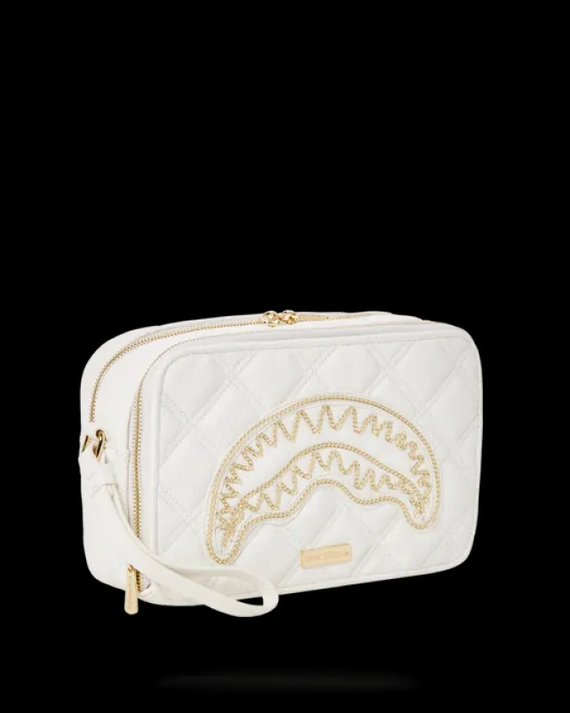 TOILETRIES AKA MONEY BAGS>SPRAYGROUND RIVIERA LE BLANC GOLD CHAIN SHARK TOILETRY BAG