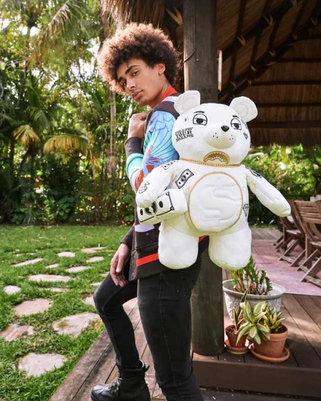 TEDDY BEAR BACKPACKS|BACKPACKS>SPRAYGROUND RIVIERA LE BLANC GOLD CHAIN MONEYBEAR TEDDYBEAR BACKPACK