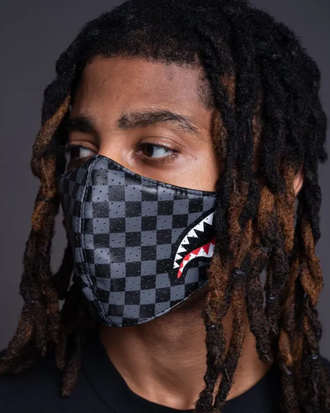 FACE MASKS>SPRAYGROUND SHARKS IN PARIS (GRAY) VEGAN LEATHER FACE MASK