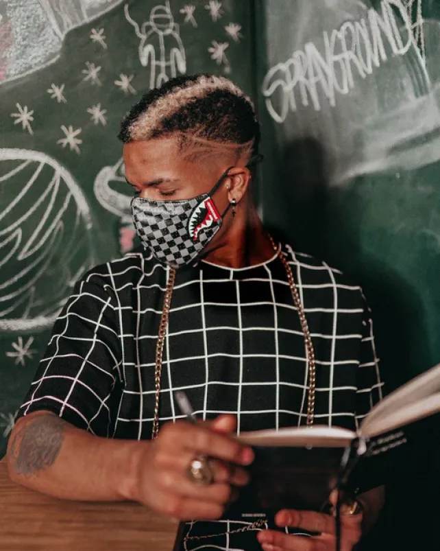 FACE MASKS>SPRAYGROUND SHARKS IN PARIS (GRAY) VEGAN LEATHER FACE MASK