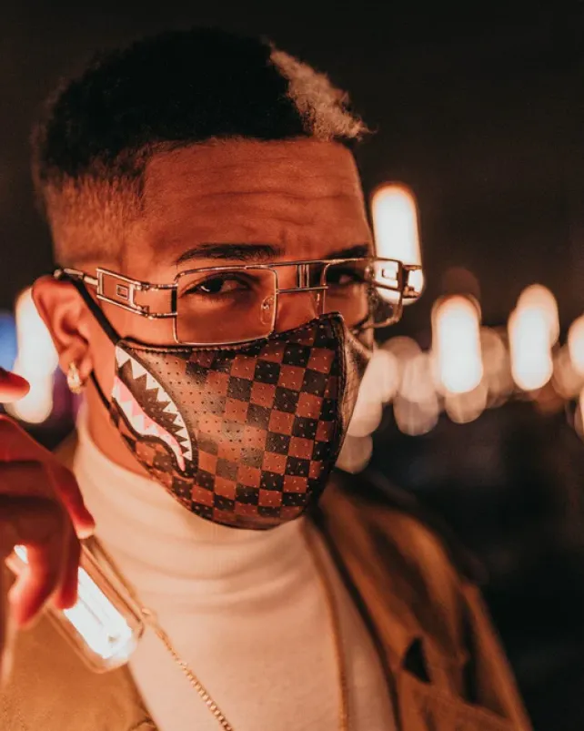 FACE MASKS>SPRAYGROUND SHARKS IN PARIS VEGAN LEATHER FACE MASK