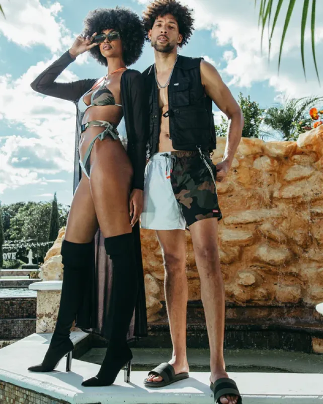 SWIMWEAR>SPRAYGROUND SPLIT BITE CAMO SHOTO SWIM TRUNKS