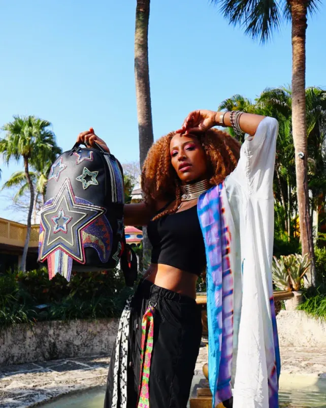 BACKPACKS>SPRAYGROUND STAR RACER A.I.7 SANDFLOWER COLLAB BEADED BACKPACK