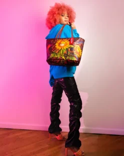 TOTES|HANDBAGS>SPRAYGROUND SUNFLOWER GRIN RON ENGLISH COLLAB TOTE