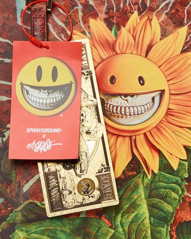 TOTES|HANDBAGS>SPRAYGROUND SUNFLOWER GRIN RON ENGLISH COLLAB TOTE