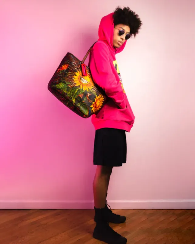 TOTES|HANDBAGS>SPRAYGROUND SUNFLOWER GRIN RON ENGLISH COLLAB TOTE