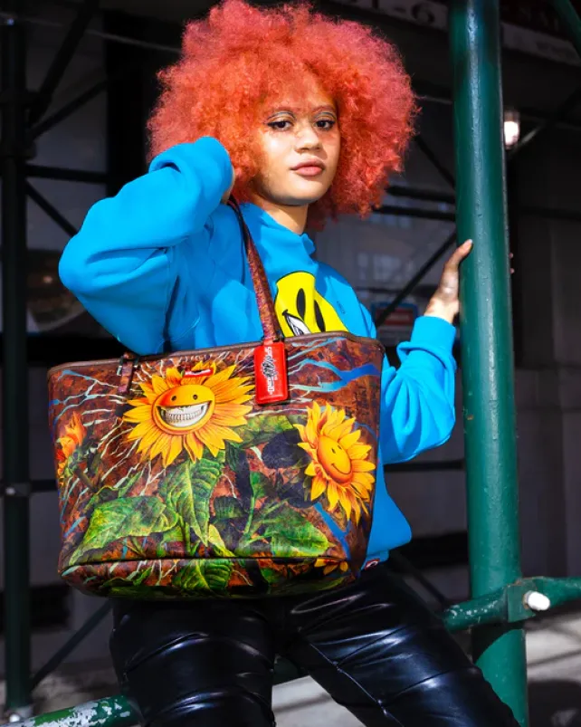 TOTES|HANDBAGS>SPRAYGROUND SUNFLOWER GRIN RON ENGLISH COLLAB TOTE