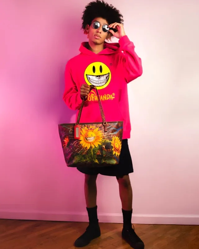 TOTES|HANDBAGS>SPRAYGROUND SUNFLOWER GRIN RON ENGLISH COLLAB TOTE